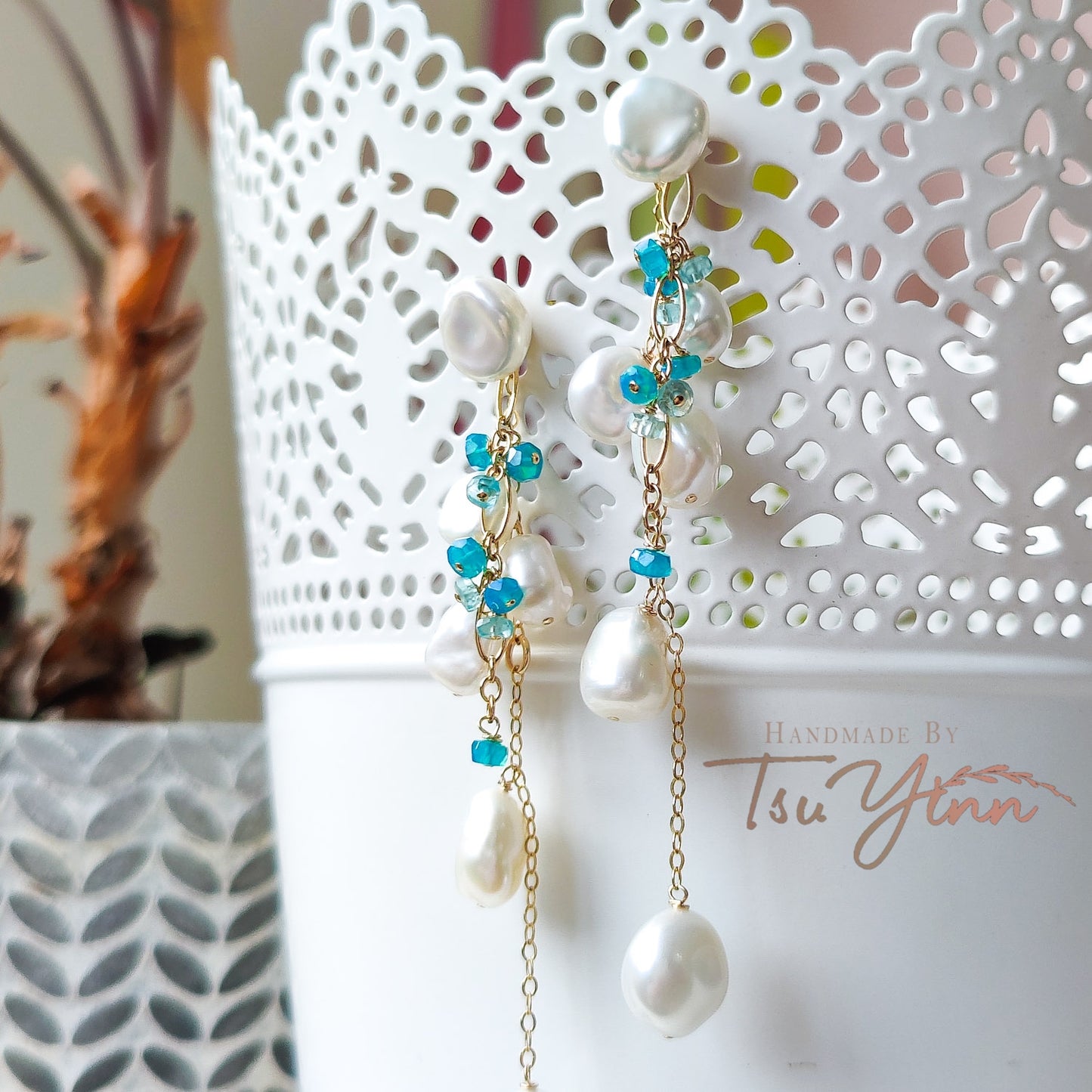 Multiwear Keshi Pearl Baubles Earrings with Blue Fire Opal and Aquamarine in YG