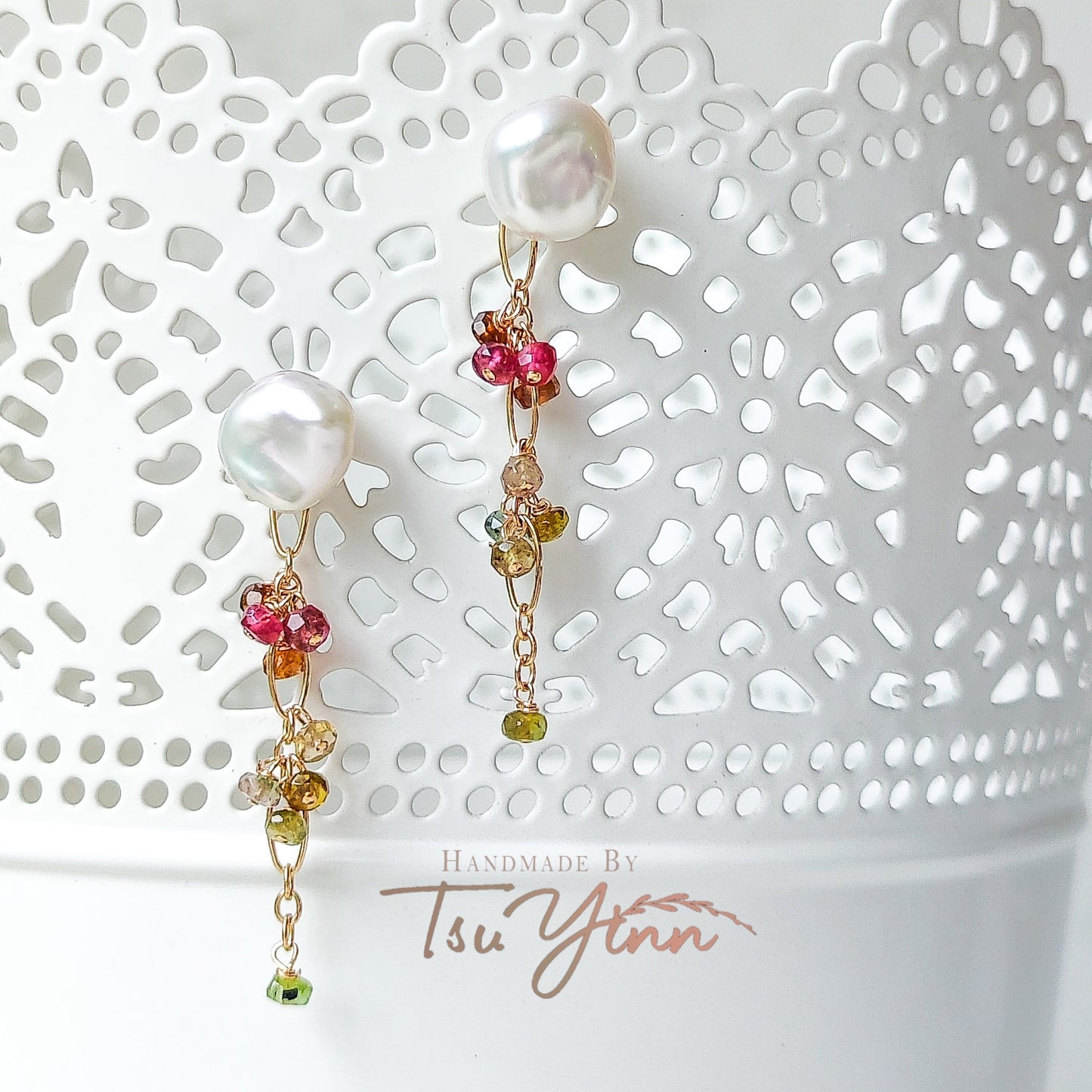 Multiwear Keshi Pearl Baubles Earrings with Rainbow Tourmaline in YG