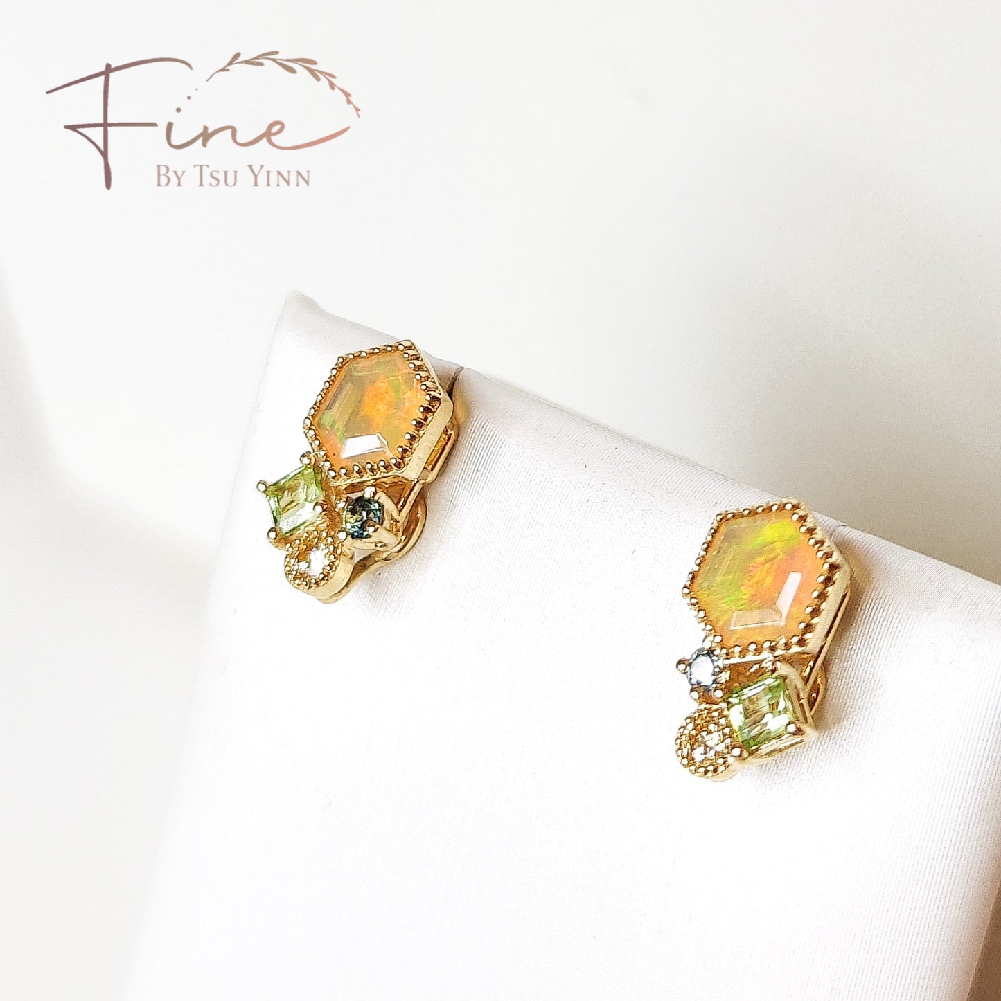FBTY Petite Studs:  Hexagon Opals with Green Sapphires, Yellow Diamonds and Peridot