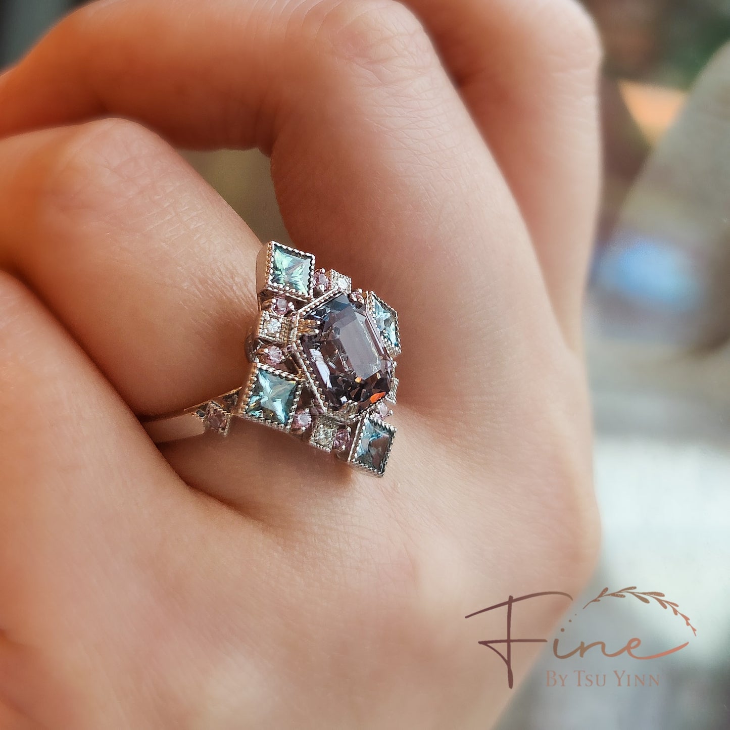 FBTY Modified Brigette Halo Ring with Grey Spinel, Green Sapphires, Pink Spinels and White Diamonds