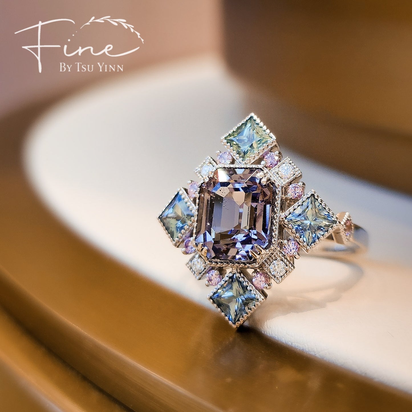 FBTY Modified Brigette Halo Ring with Grey Spinel, Green Sapphires, Pink Spinels and White Diamonds