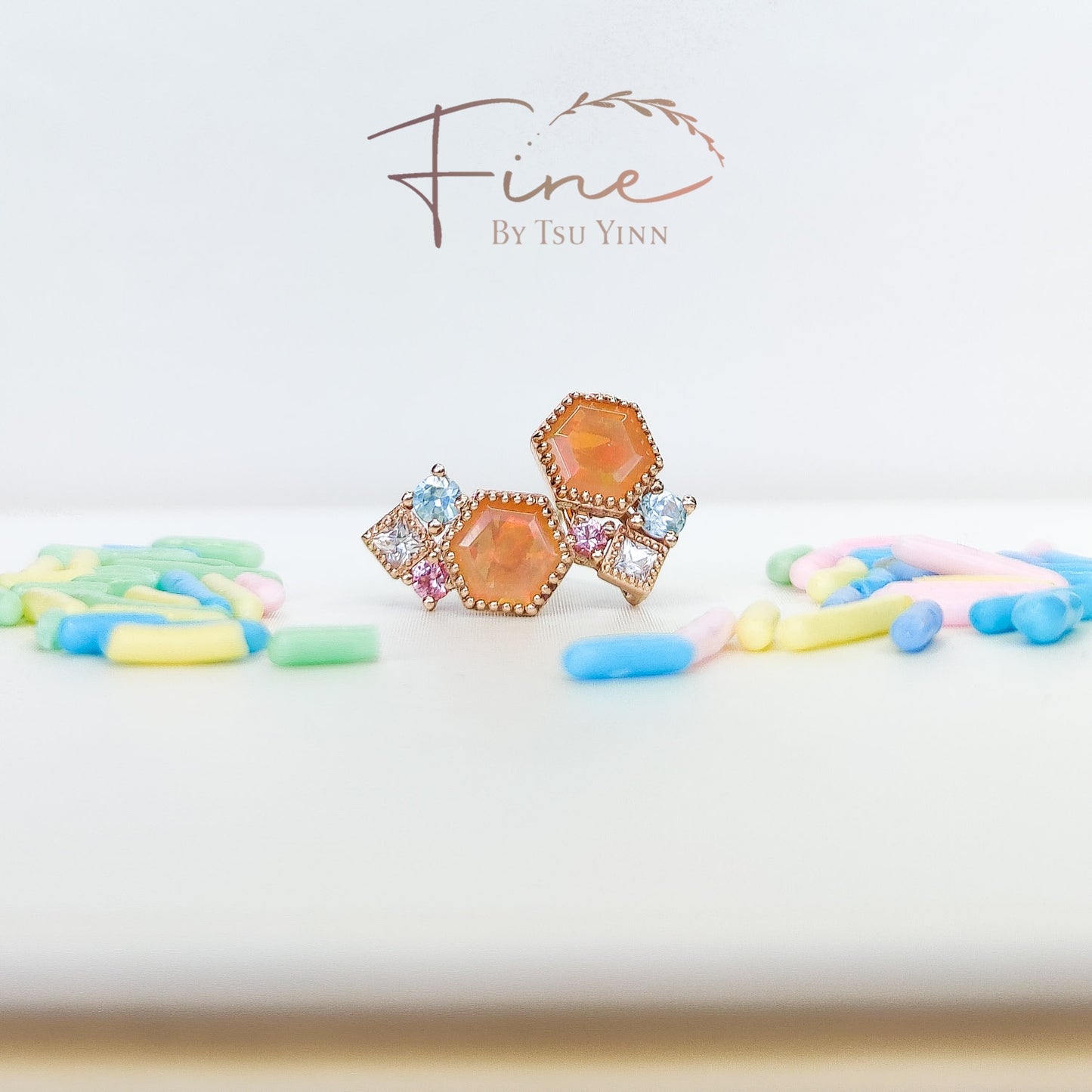 FBTY Petite Studs:  Hexagon Opals with Blue Zircon, White Sapphires and Pink Spinels