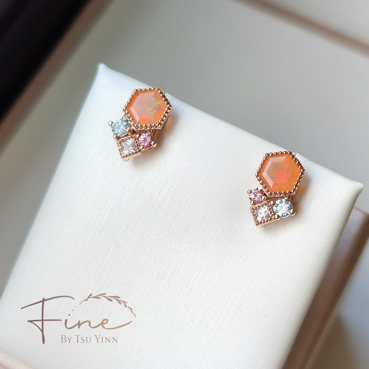 FBTY Petite Studs:  Hexagon Opals with Blue Zircon, White Sapphires and Pink Spinels