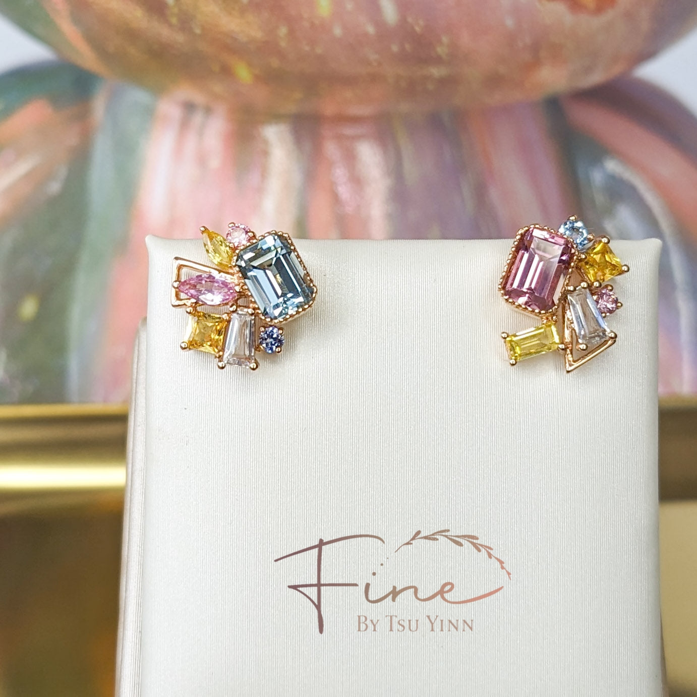 FBTY Petite Studs:  Mismatched Aquamarine and Pink Tourmaline with Sapphires and Spinels