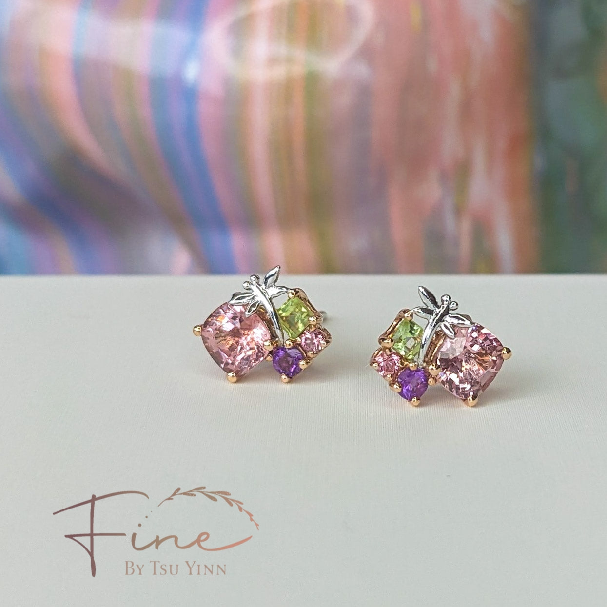 FBTY Petite Studs:  Peach Pink Spinels with Peridot, Spinels, Amethyst and our signature dragonfly