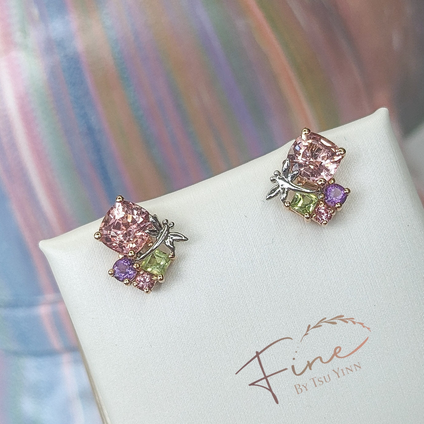FBTY Petite Studs:  Peach Pink Spinels with Peridot, Spinels, Amethyst and our signature dragonfly