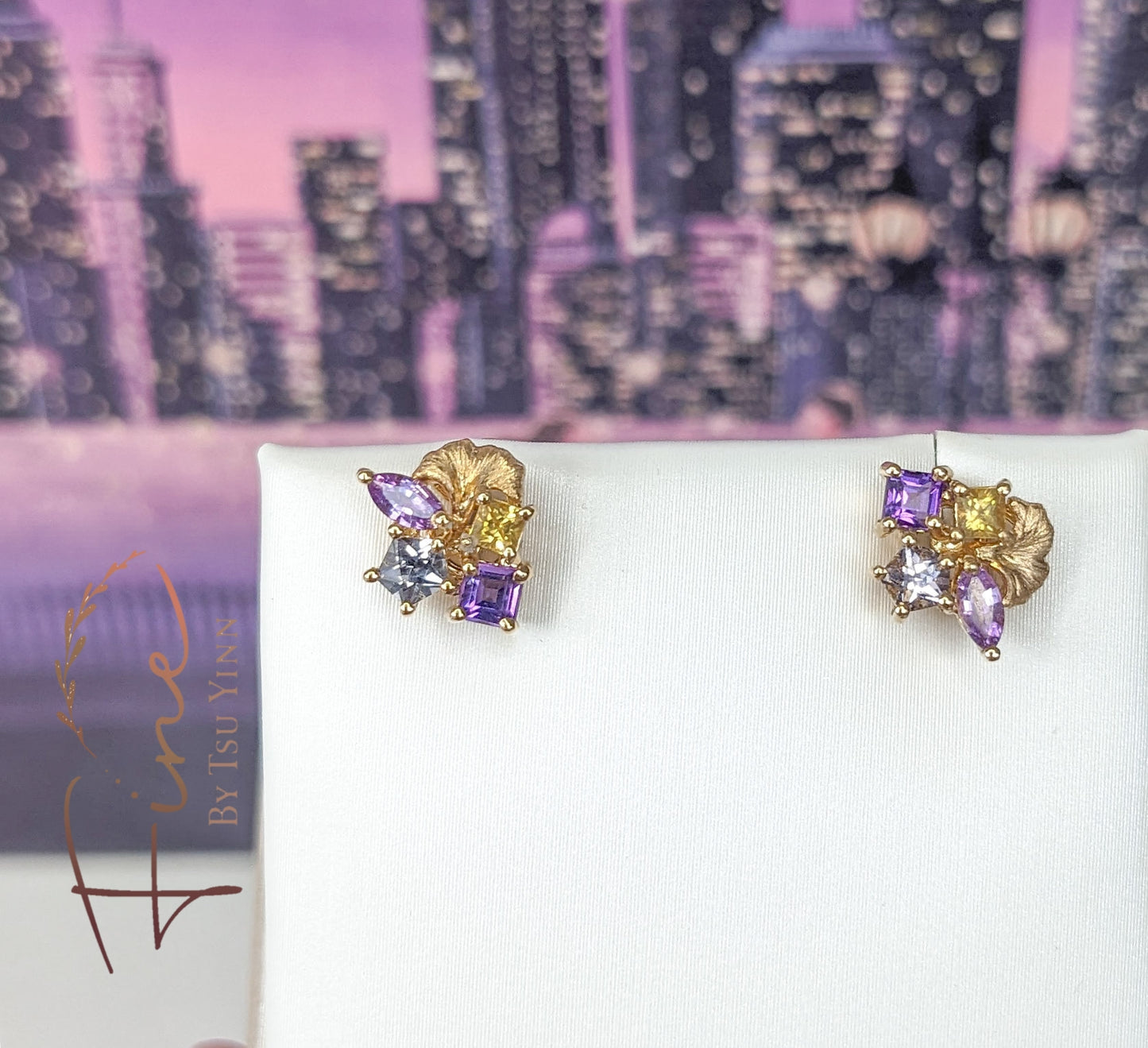 FBTY Petite Studs:  Purple Sapphire, Grey Spinels, Amethysts and Yellow Sapphires with our signature Gingko Leaves