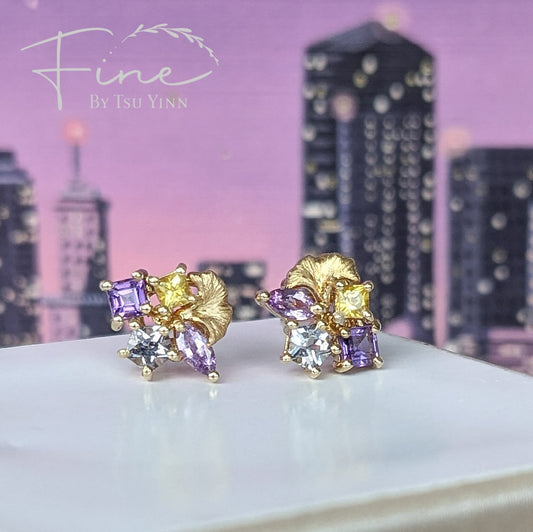 FBTY Petite Studs:  Purple Sapphire, Grey Spinels, Amethysts and Yellow Sapphires with our signature Gingko Leaves