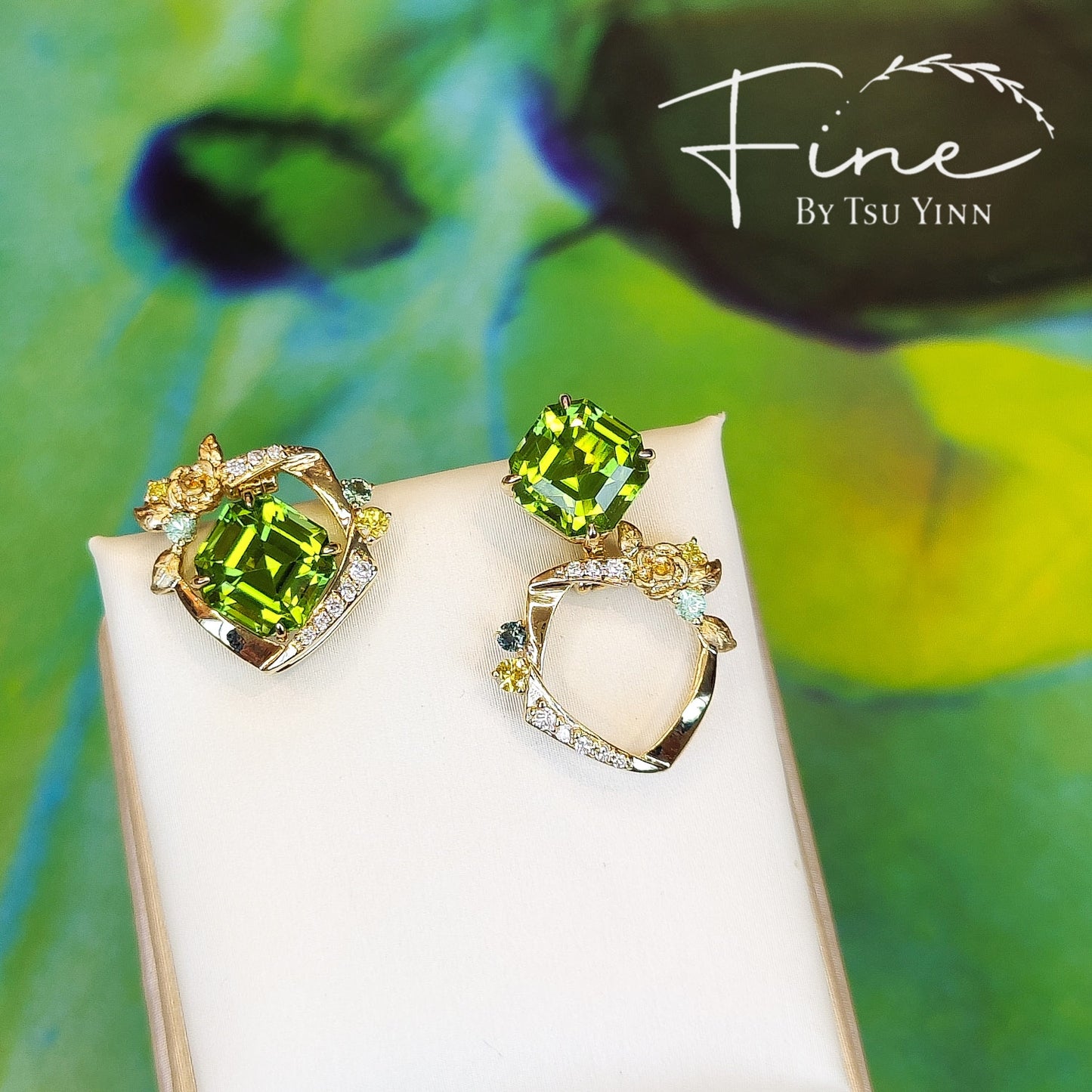 FBTY Swivel Earrings with Peridot, Green Sapphires, Yellow Sapphires, Yellow Diamonds, Paraiba Tourmalines and White Diamonds