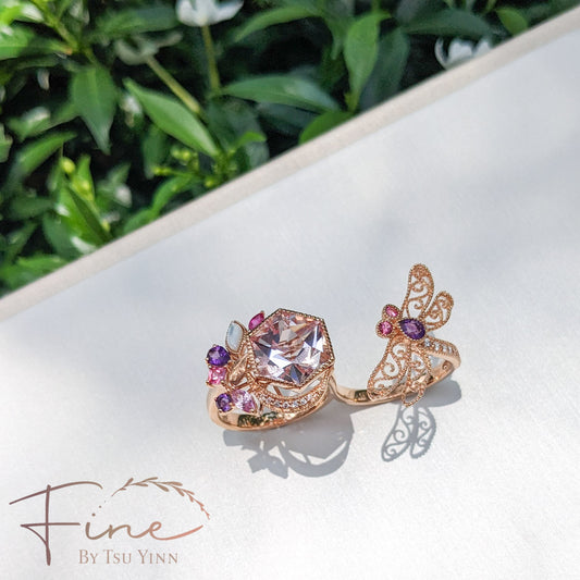 FBTY Dragonfly and Hexagon Morganite Double Ring