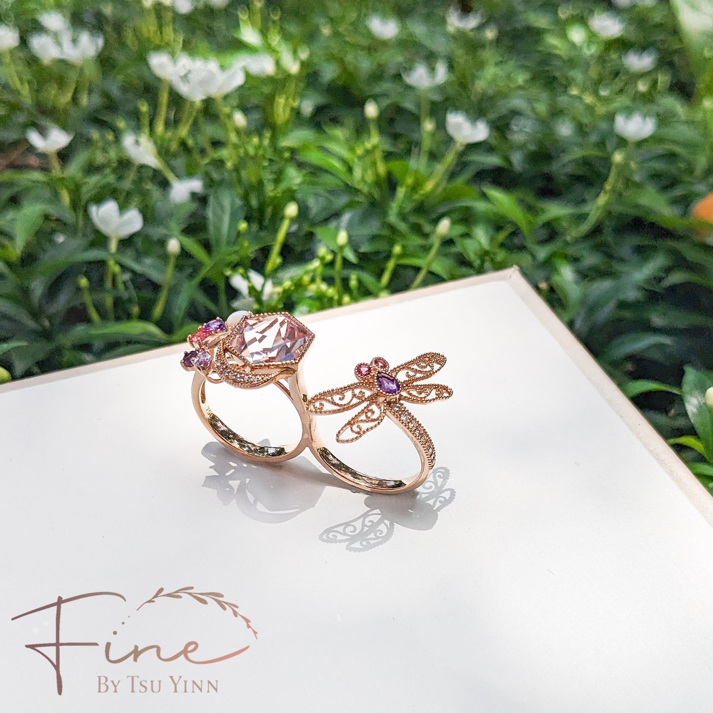 FBTY Dragonfly and Hexagon Morganite Double Ring