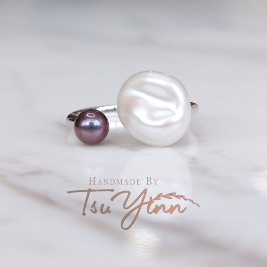 Keshi and Peacock Pearl Open Ring