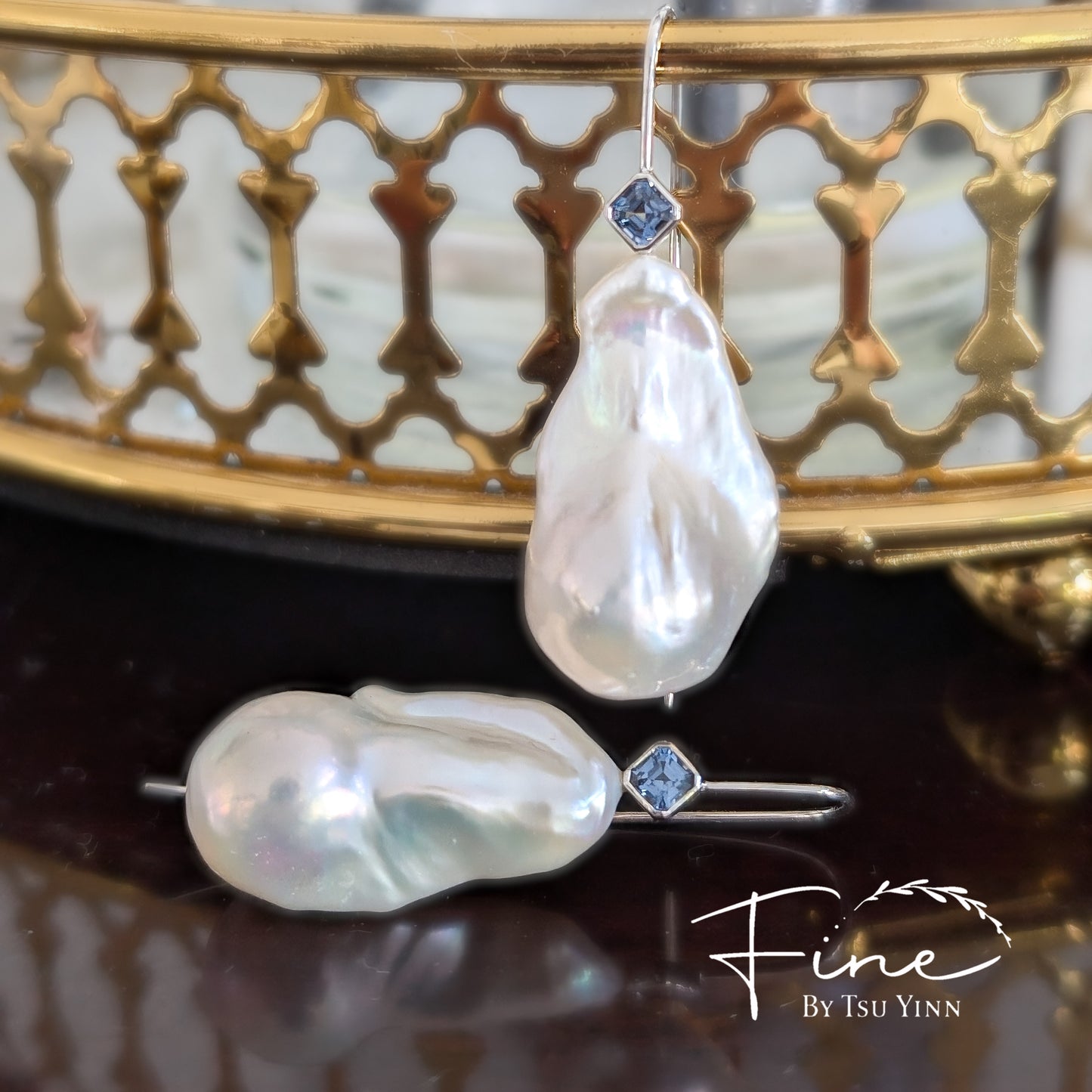 White Baroque Pearls with Blue Spinels