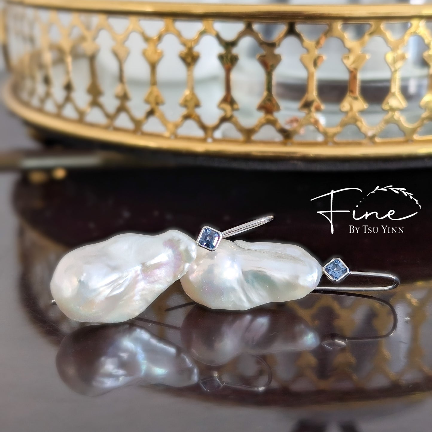 White Baroque Pearls with Blue Spinels