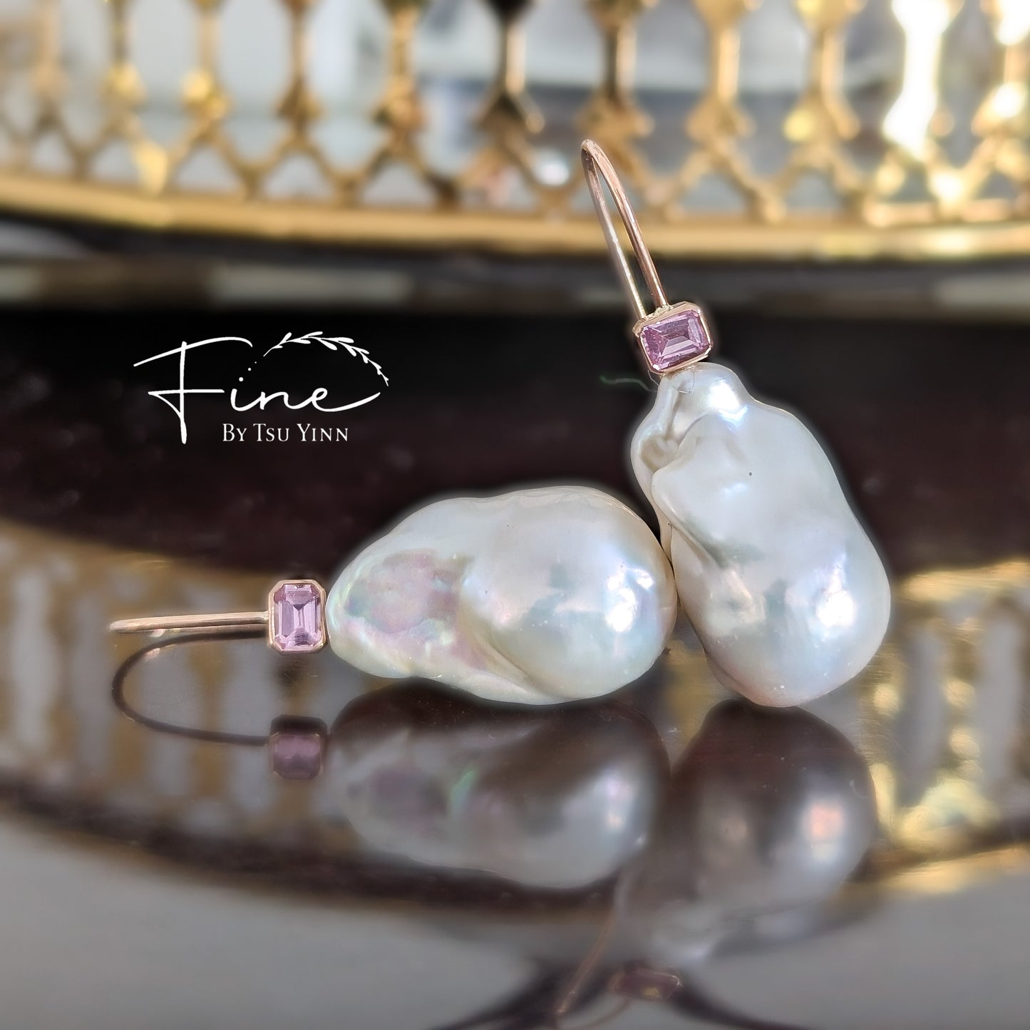 White Baroque Pearl Earrings with Pink Sapphires