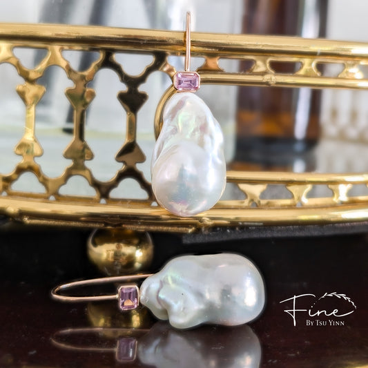 White Baroque Pearl Earrings with Pink Sapphires