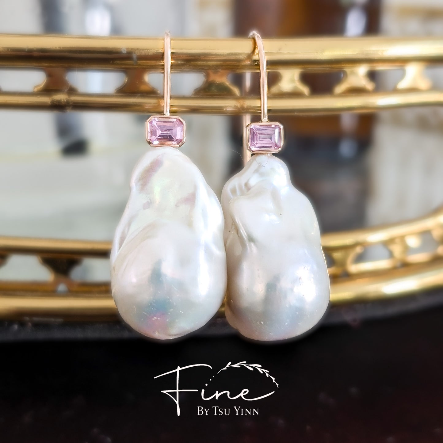 White Baroque Pearl Earrings with Pink Sapphires