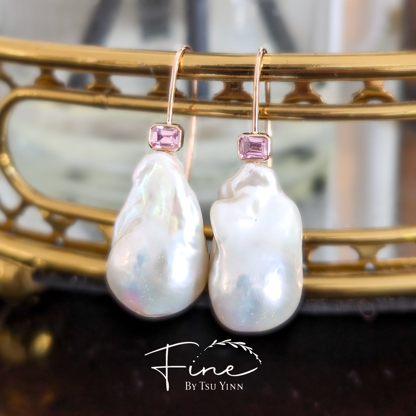 White Baroque Pearl Earrings with Pink Sapphires