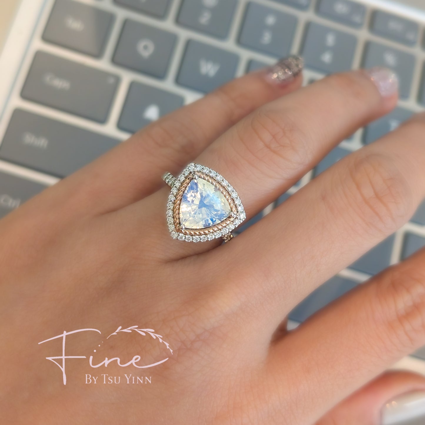 RG WG Faceted Trillion Moonstone with Twisted Rope and Diamond Halo