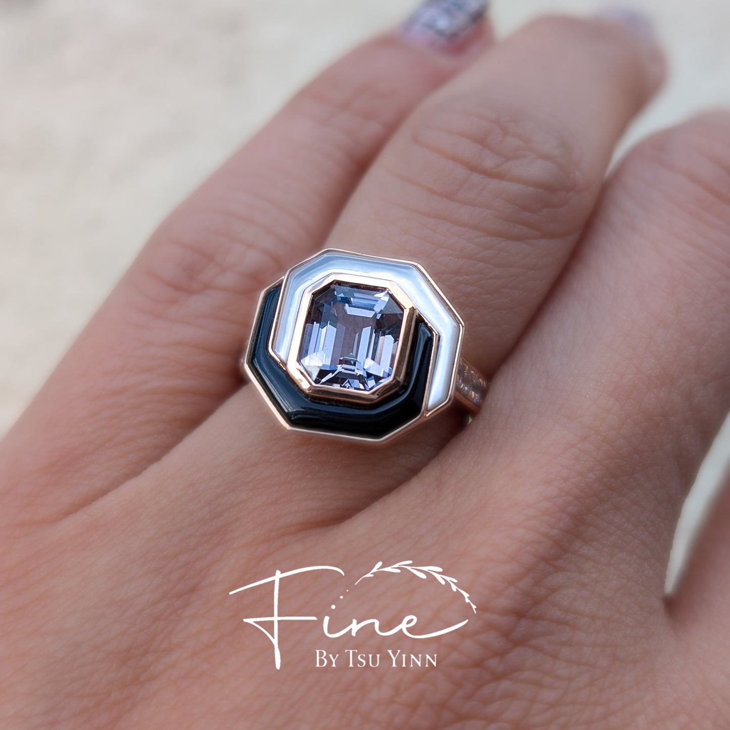 RG Grey Spinel, Mother of Pearl and Black Onyx Ring