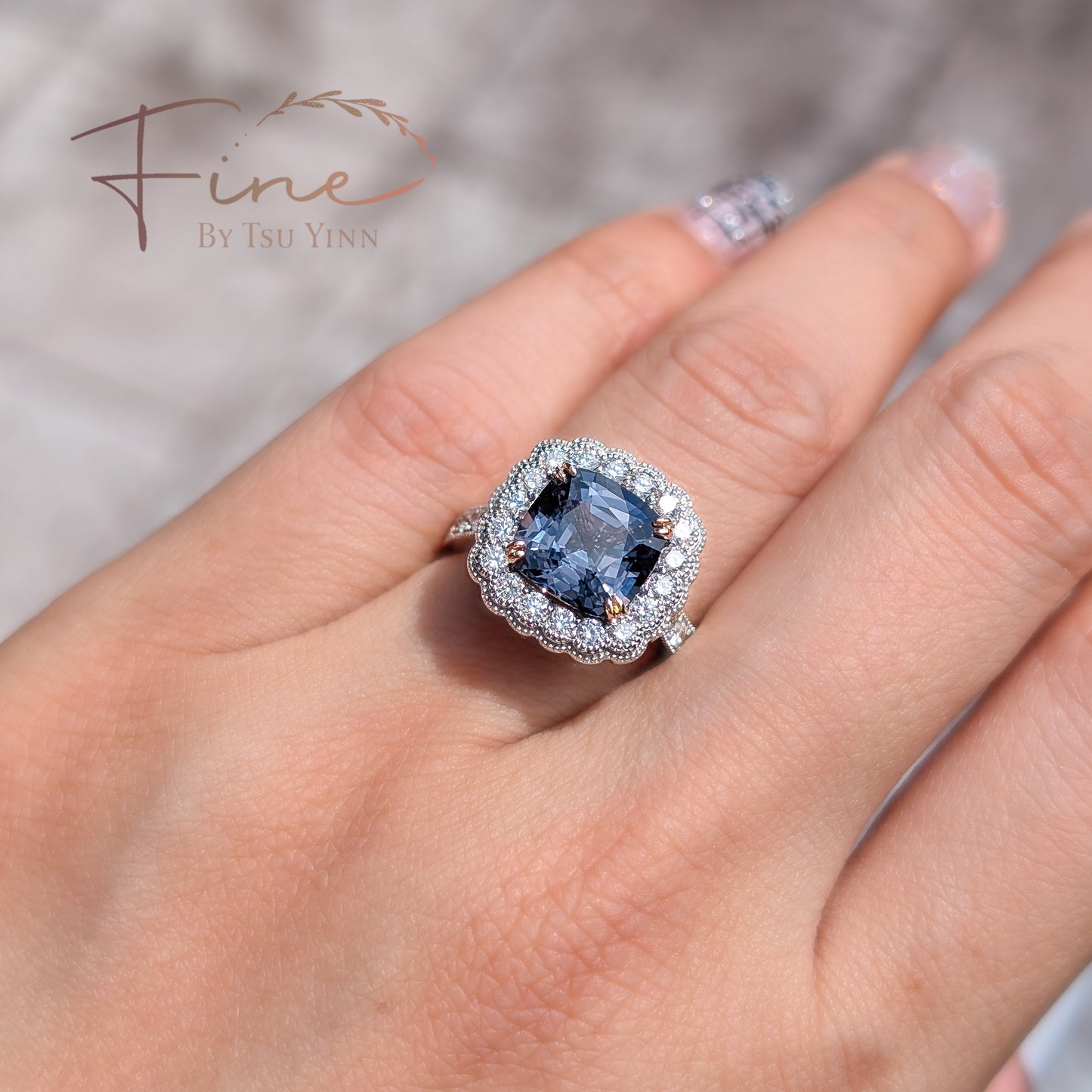 Grey Spinel Diamond Halo Double Bezel Ring