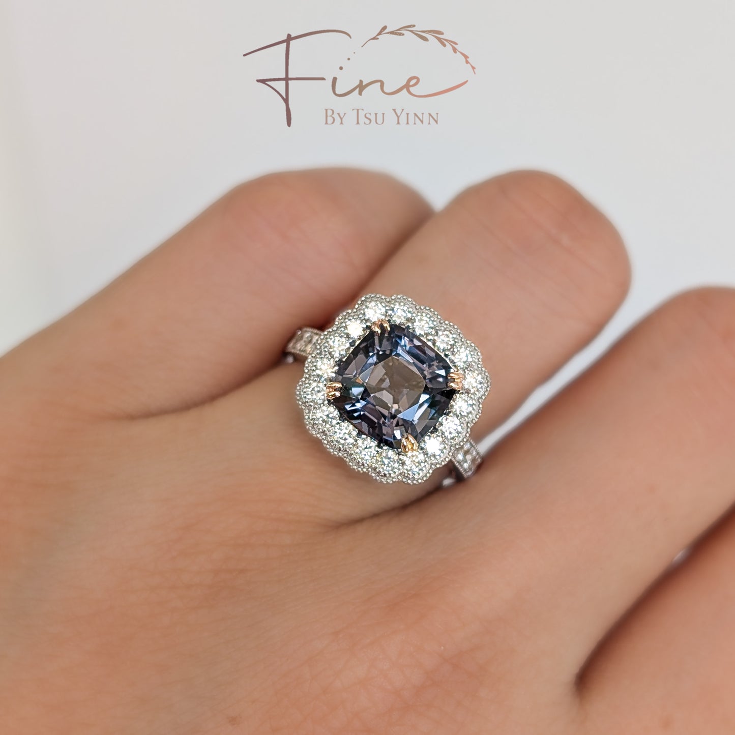 Grey Spinel Diamond Halo Double Bezel Ring