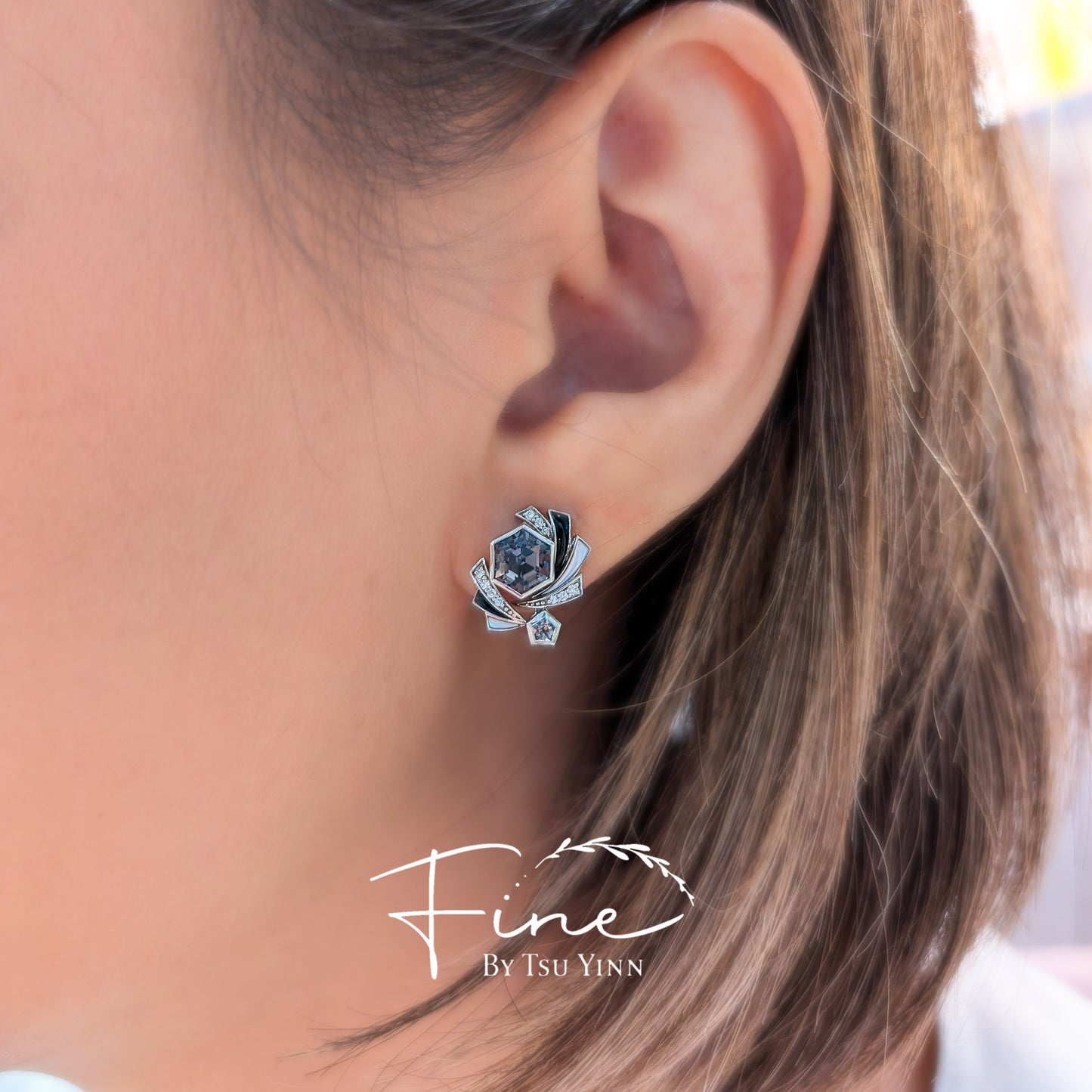 Hexagon Grey Spinel, Black Onyx, Mother of Pearl and Diamond Earrings with Detachable Jackets