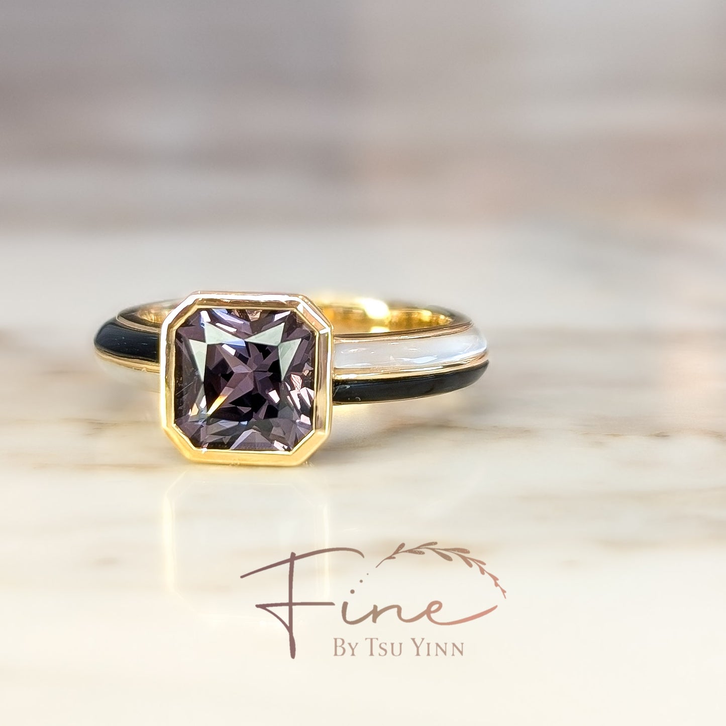 Violet Spinel, Black Onyx and Mother of Pearl Ring