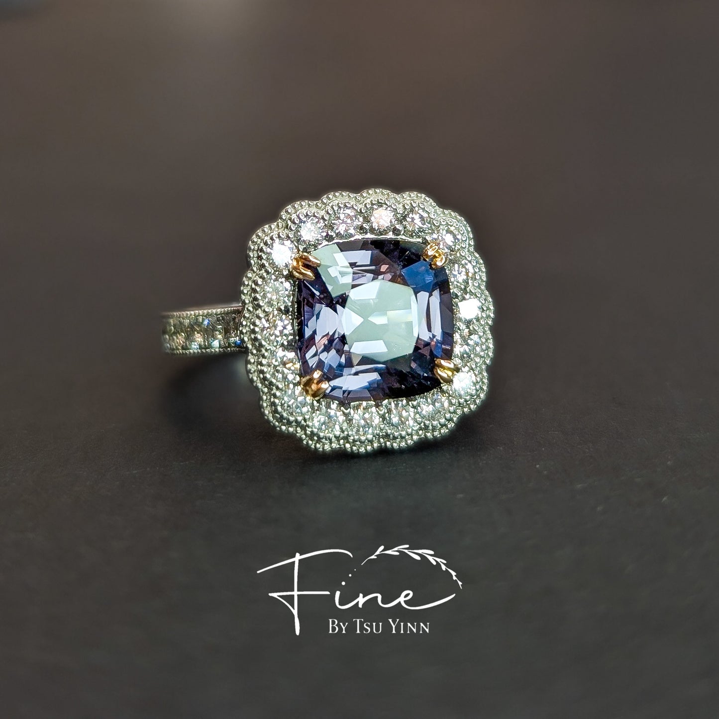 Grey Spinel Diamond Halo Double Bezel Ring