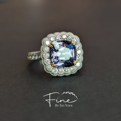 Grey Spinel Diamond Halo Double Bezel Ring