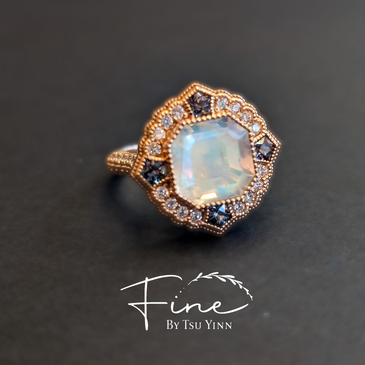 Asscher Moonstone, Spinel and Diamond Ring