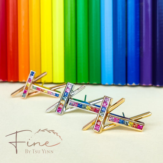 YG Criss Cross Princess Cut Rainbow Sapphires Earrings