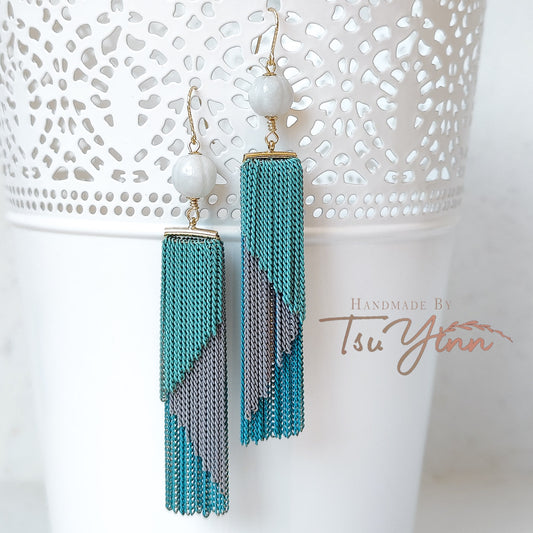 Textured French Hooks Brass Tassels (Teals and Grey)