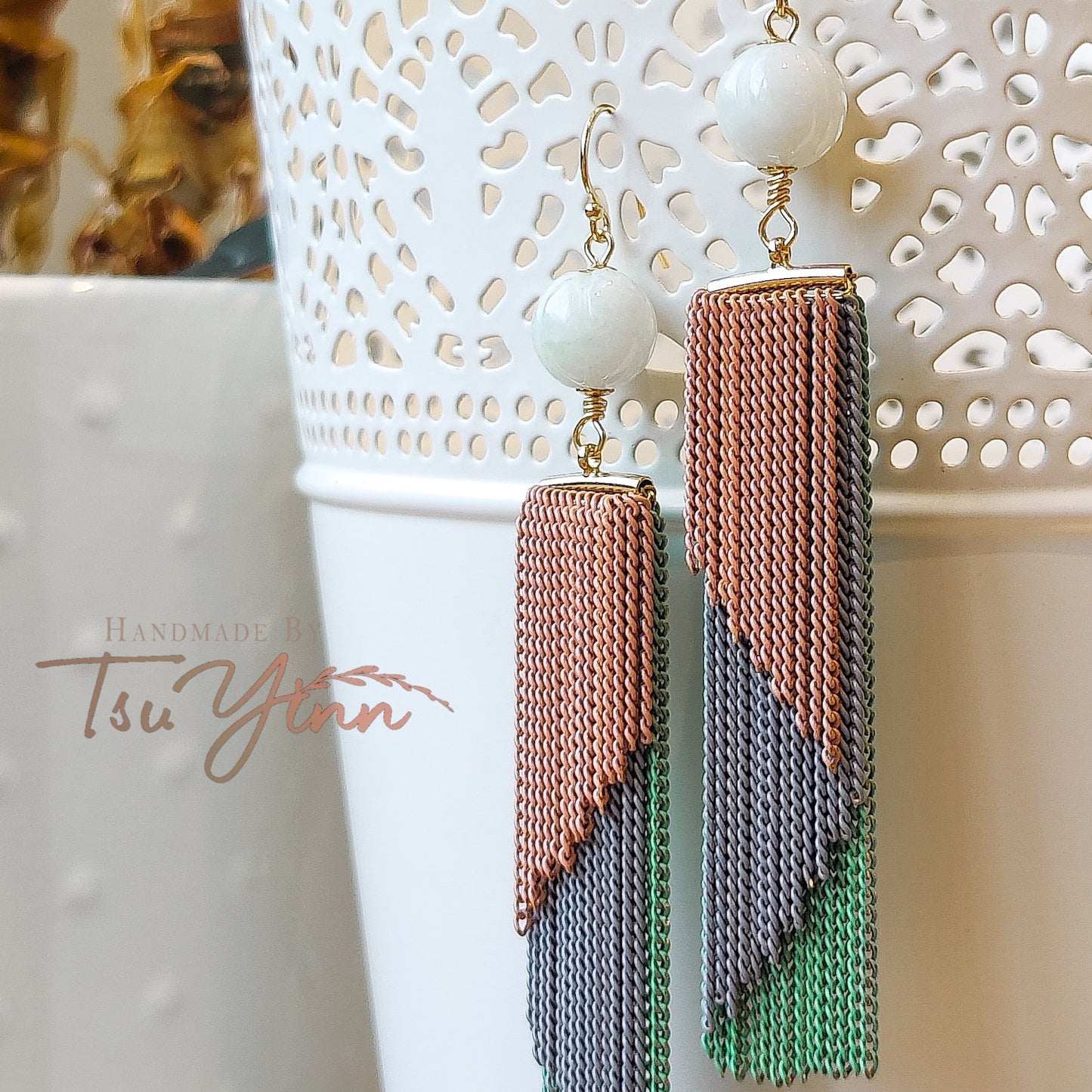 French Hooks Brass Tassels (Peach, Grey and Green)