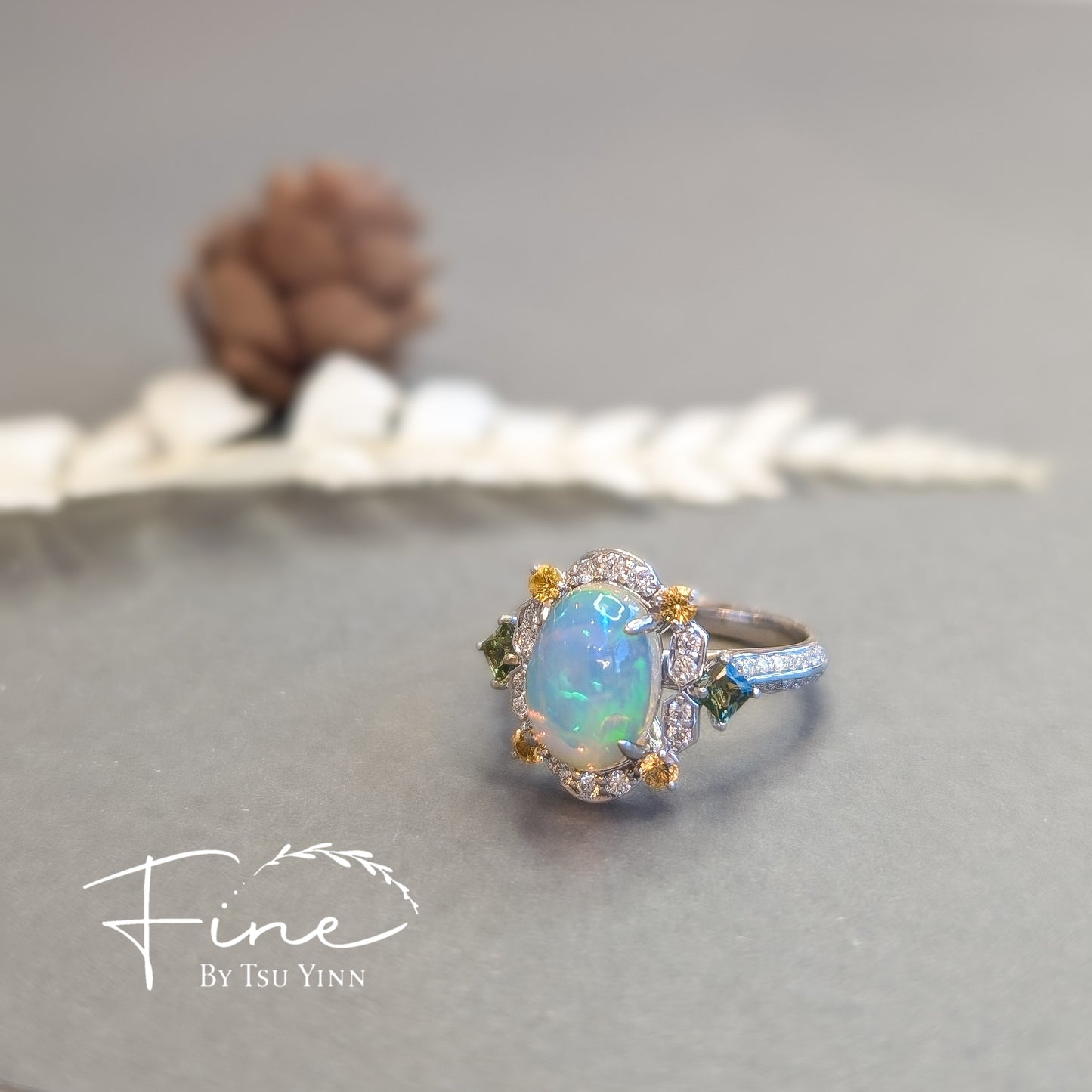 FBTY Kyra Ring with Ethiopian White Opal, Green Sapphires and Yellow Sapphires