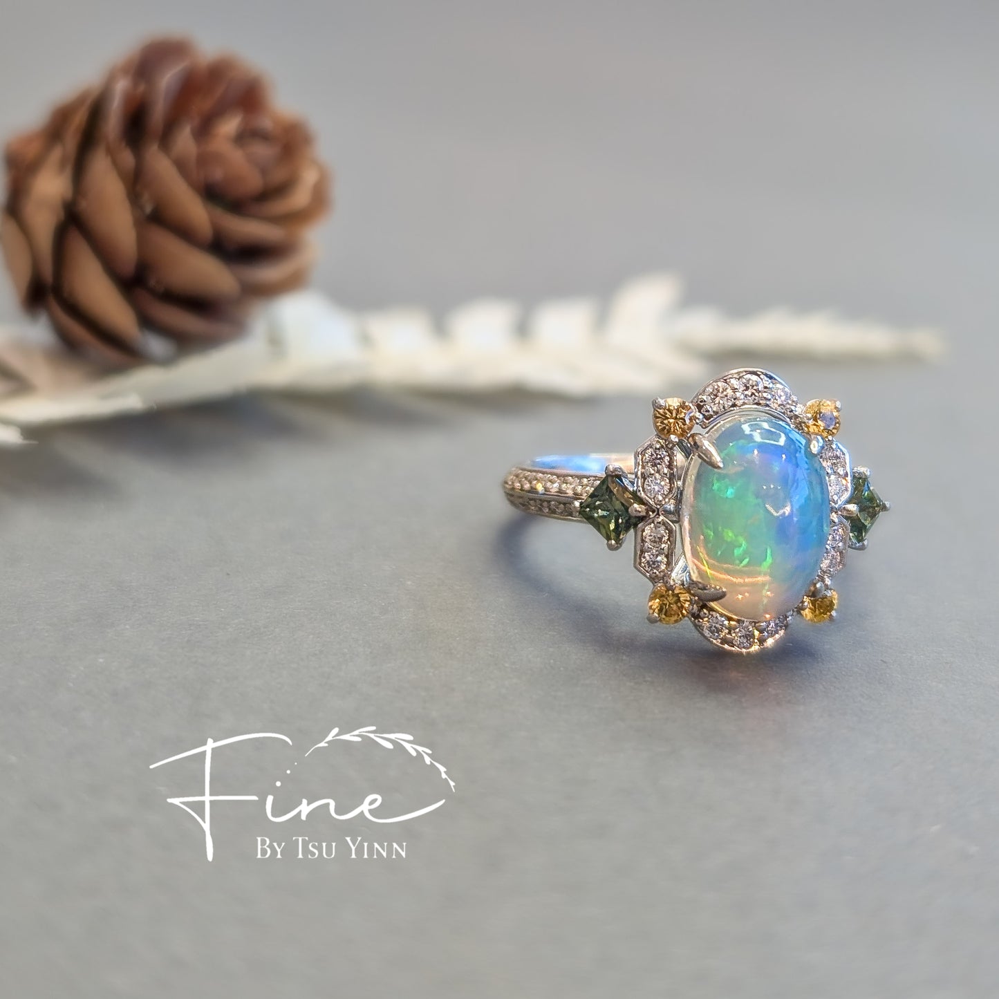 FBTY Kyra Ring with Ethiopian White Opal, Green Sapphires and Yellow Sapphires