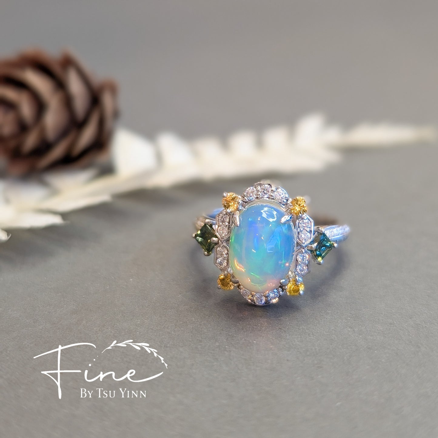 FBTY Kyra Ring with Ethiopian White Opal, Green Sapphires and Yellow Sapphires