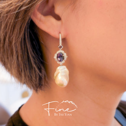 Sigrid Earrings with Tanzanite and Baroque Pearls
