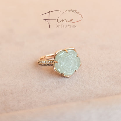 Carved Rose Jadeite Ring with Diamond Knife Band (half)