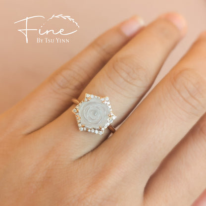 Carved Rose Jadeite and Diamond Pinwheel Halo Ring