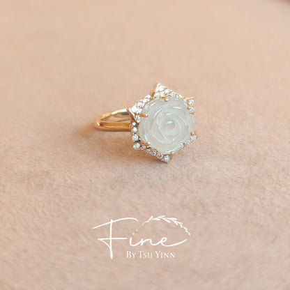 Carved Rose Jadeite and Diamond Pinwheel Halo Ring