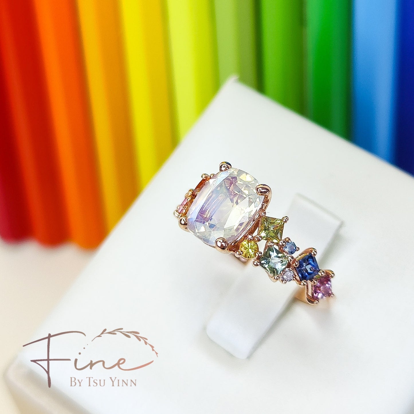 RG Faceted Moonstone Rainbow Messy Band Ring