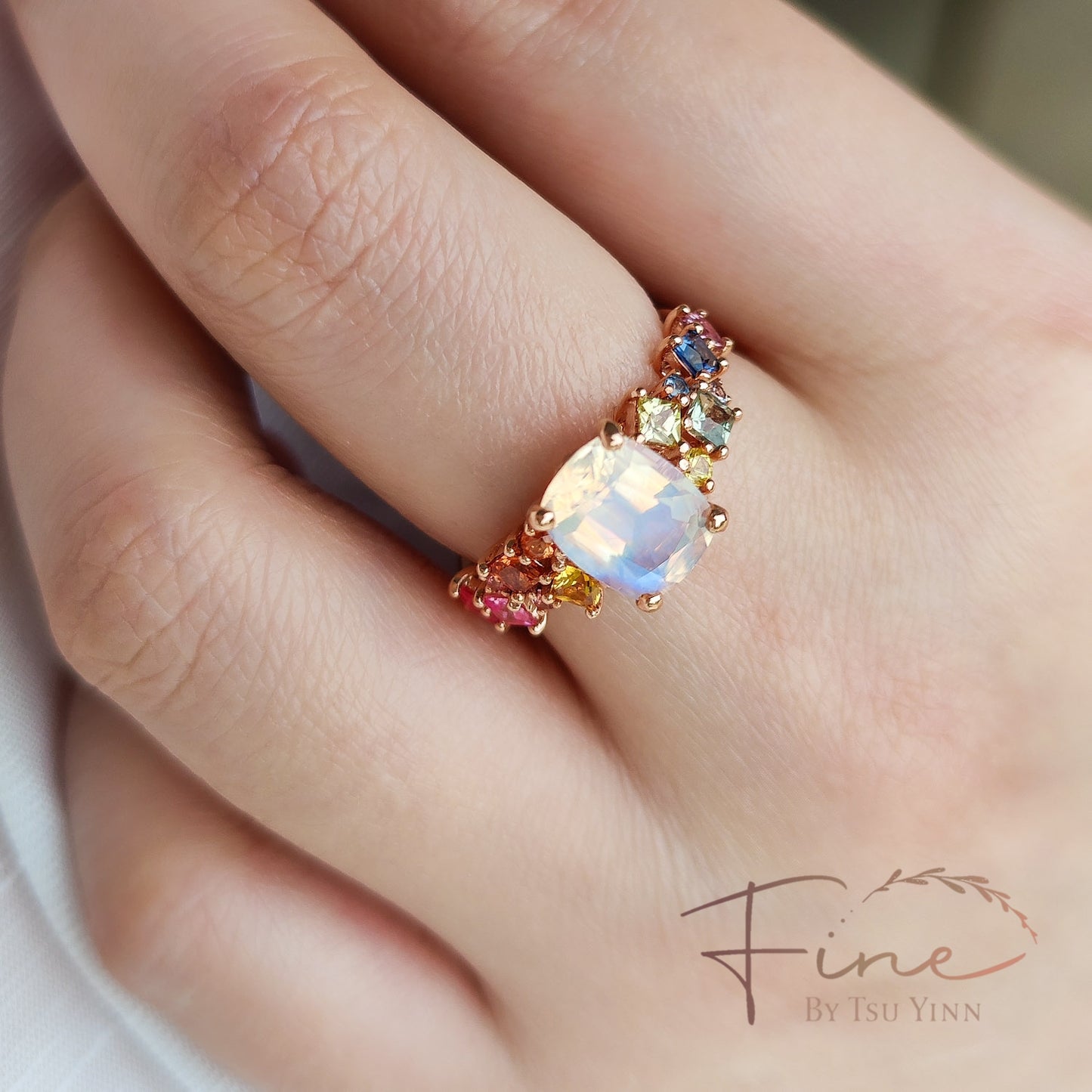 RG Faceted Moonstone Rainbow Messy Band Ring