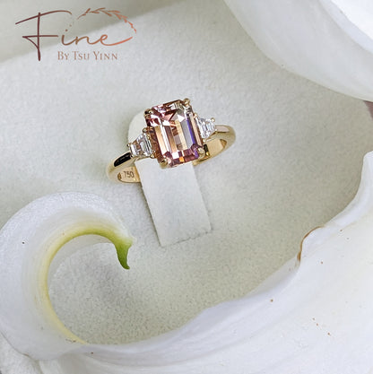 YG Sunset Tourmaline Ring with Trapezoid White Diamonds