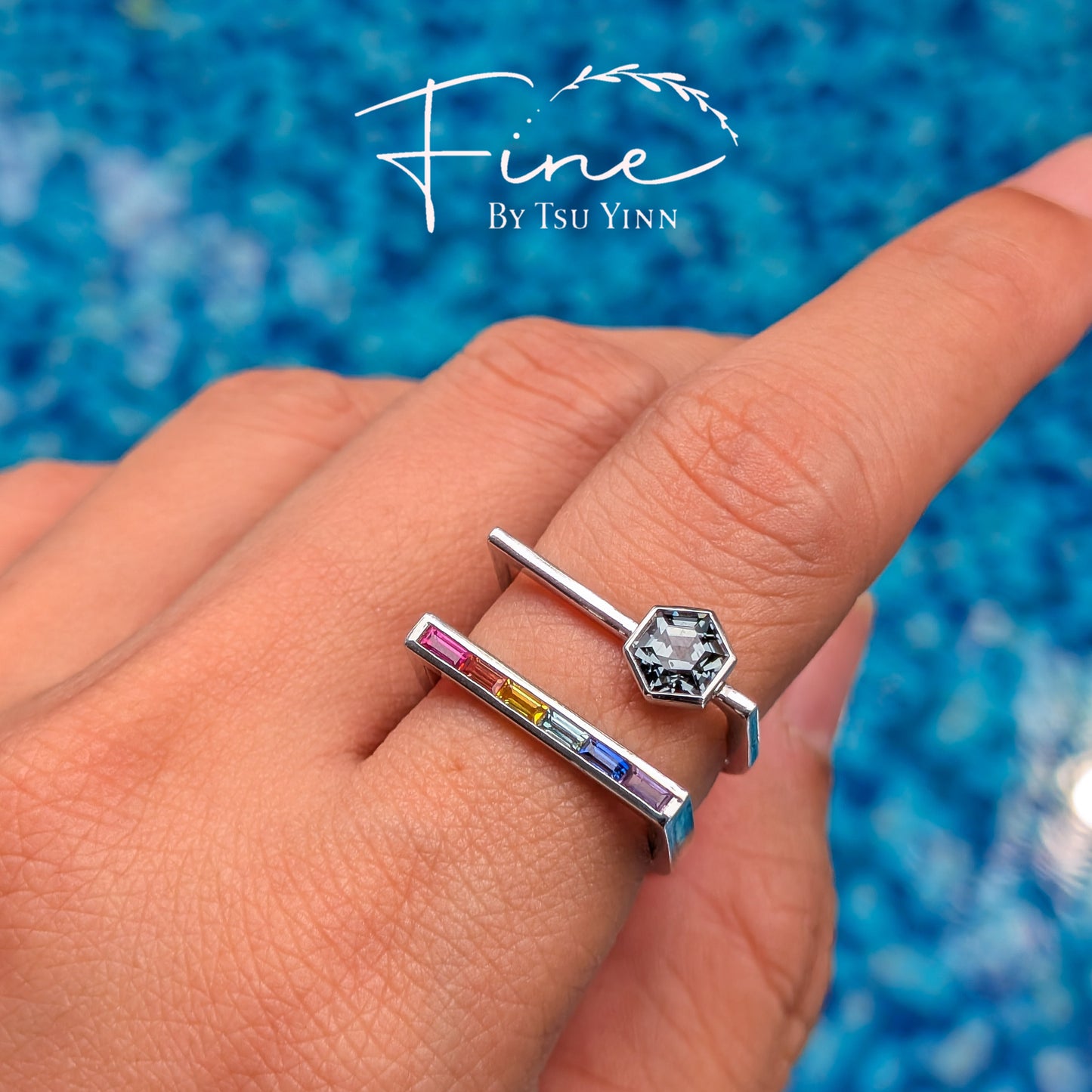 FBTY Karina Ring in White Gold with Hexagon Grey Spinel and Baguette Rainbow Sapphires