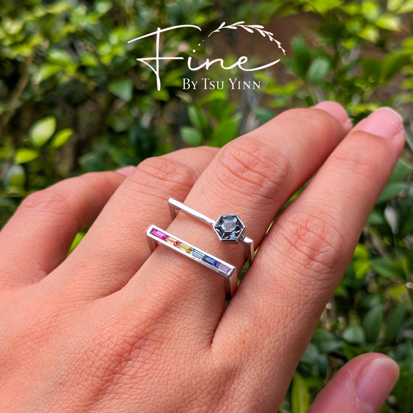 FBTY Karina Ring in White Gold with Hexagon Grey Spinel and Baguette Rainbow Sapphires