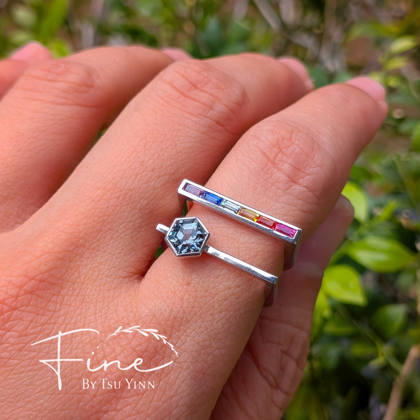 FBTY Karina Ring in White Gold with Hexagon Grey Spinel and Baguette Rainbow Sapphires