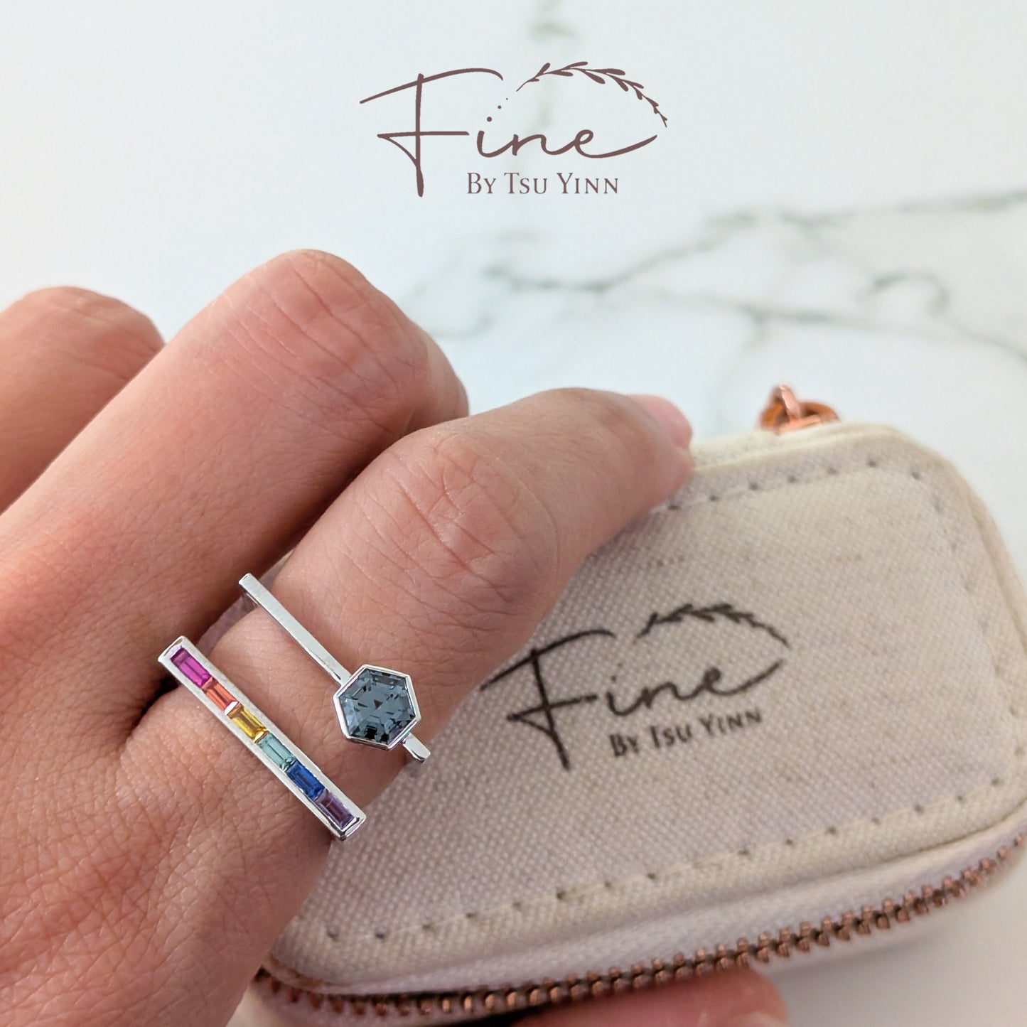 FBTY Karina Ring in White Gold with Hexagon Grey Spinel and Baguette Rainbow Sapphires