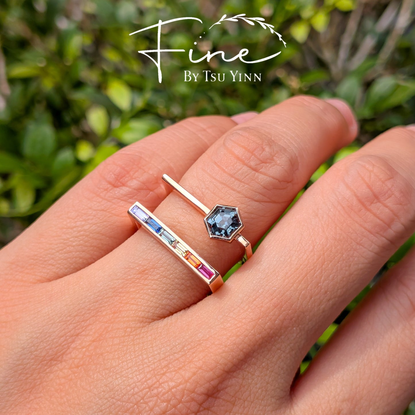 FBTY Karina Ring in Rose Gold with Hexagon Grey Spinel and Baguette Rainbow Sapphires