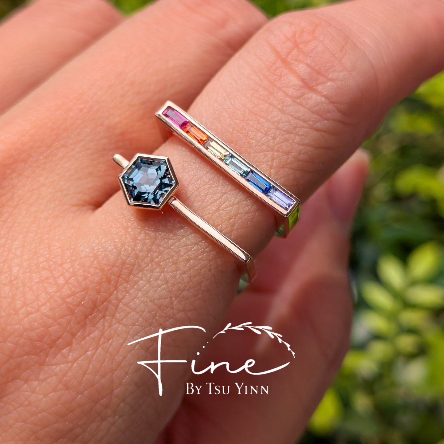 FBTY Karina Ring in Rose Gold with Hexagon Grey Spinel and Baguette Rainbow Sapphires